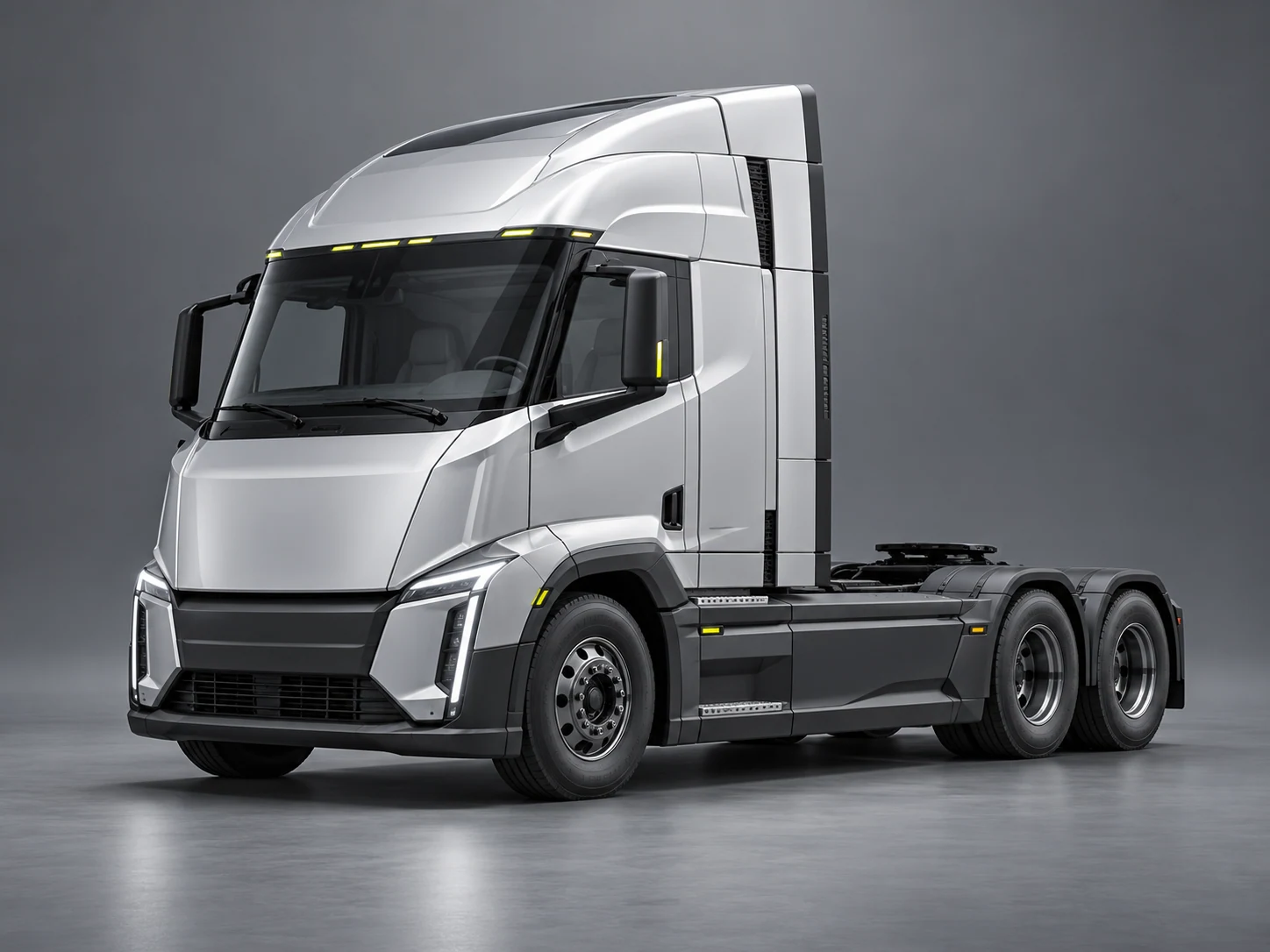 An unbranded electric heavy truck in a graphite studio