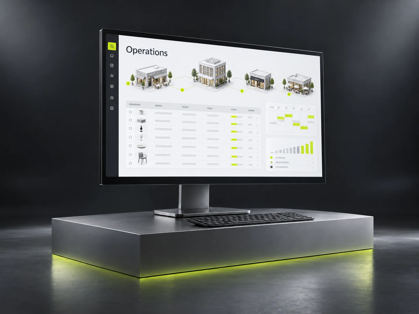An illustrative enterprise operations software interface on a studio monitor